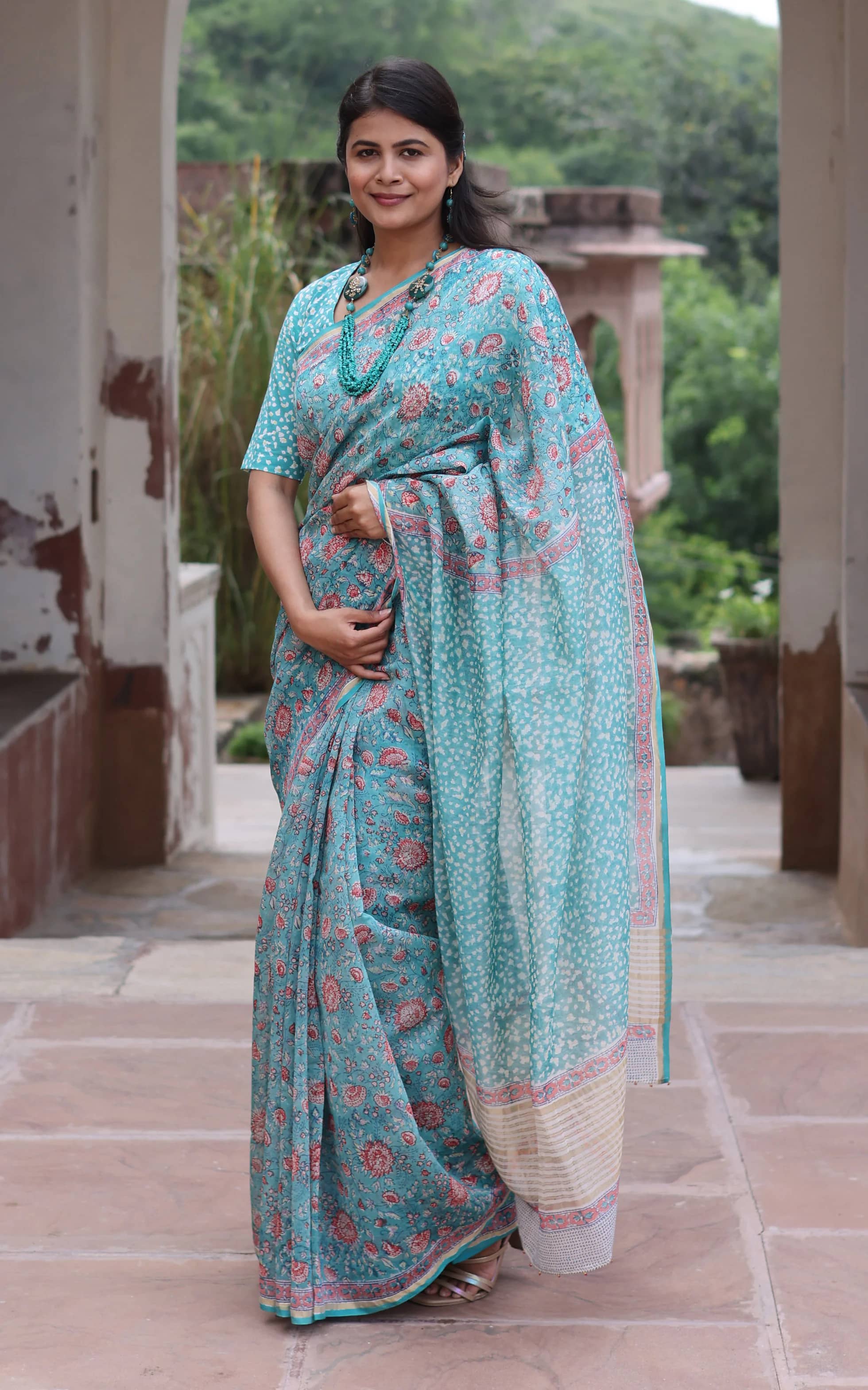 Soma Shop - Hand Block Printed Cotton Silk Saree Emerald Green with Pink Floral