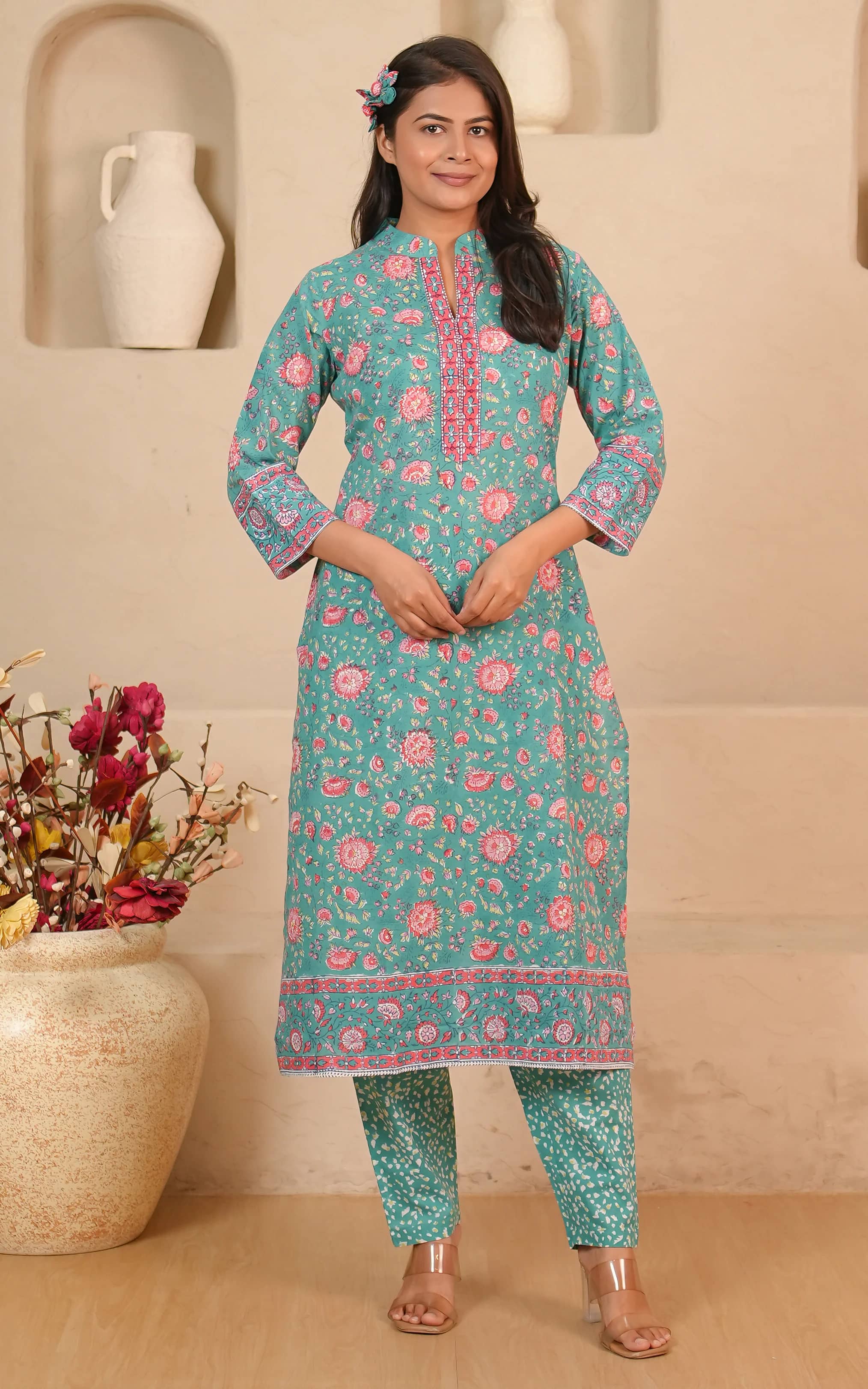 Soma Shop - Hand Block Printed Cotton Queen 13 Kurta Emerald Green with Pink Floral
